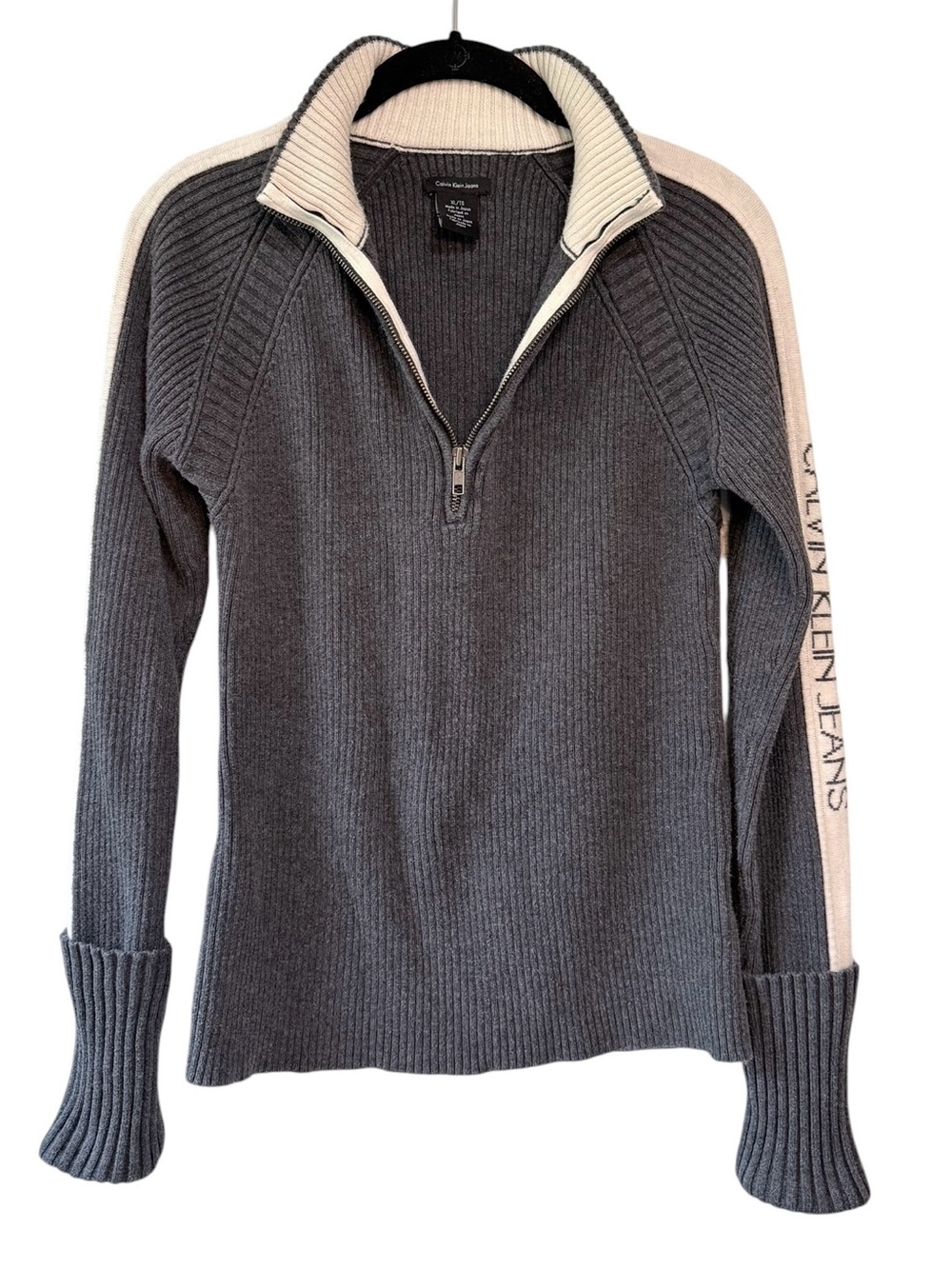 Calvin Klein Jeans Women's Quarter-Zip Ribbed Sweater Gray Cream Size XL